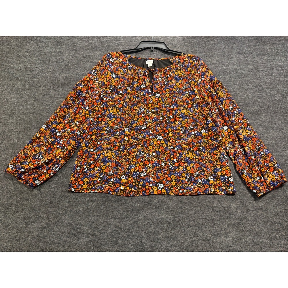 J.Crew Blouse Women S Orange Floral Excellent Keyhole Tie Long Sleeve Lined